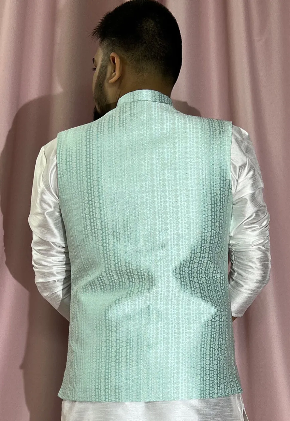 Woven Art Silk Jacquard Nehru Jacket in Sea Green