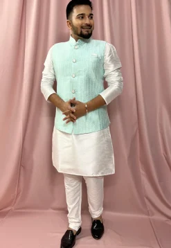 Woven Art Silk Jacquard Nehru Jacket in Sea Green
