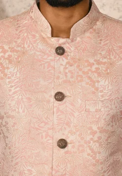 Woven Art Silk Jacquard Nehru Jacket in Pink and Off White