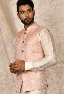 Woven Art Silk Jacquard Nehru Jacket in Pink and Off White