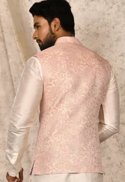 Woven Art Silk Jacquard Nehru Jacket in Pink and Off White