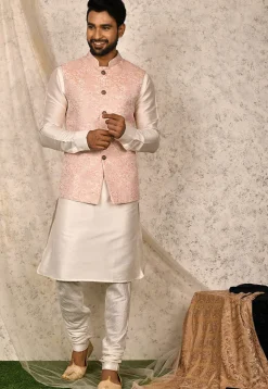 Woven Art Silk Jacquard Nehru Jacket in Pink and Off White