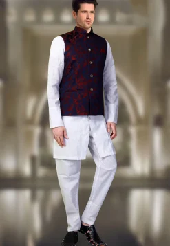 Woven Art SIlk Jacquard Nehru Jacket in Navy Blue