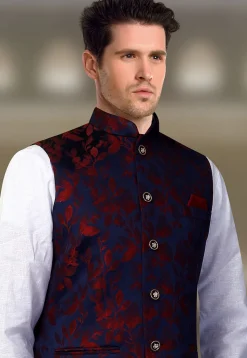 Woven Art SIlk Jacquard Nehru Jacket in Navy Blue