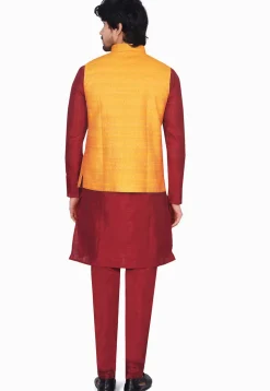 Woven Art Silk Jacquard Nehru Jacket in Yellow