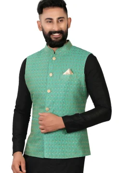 Woven Art Silk Jacquard Nehru Jacket in Green