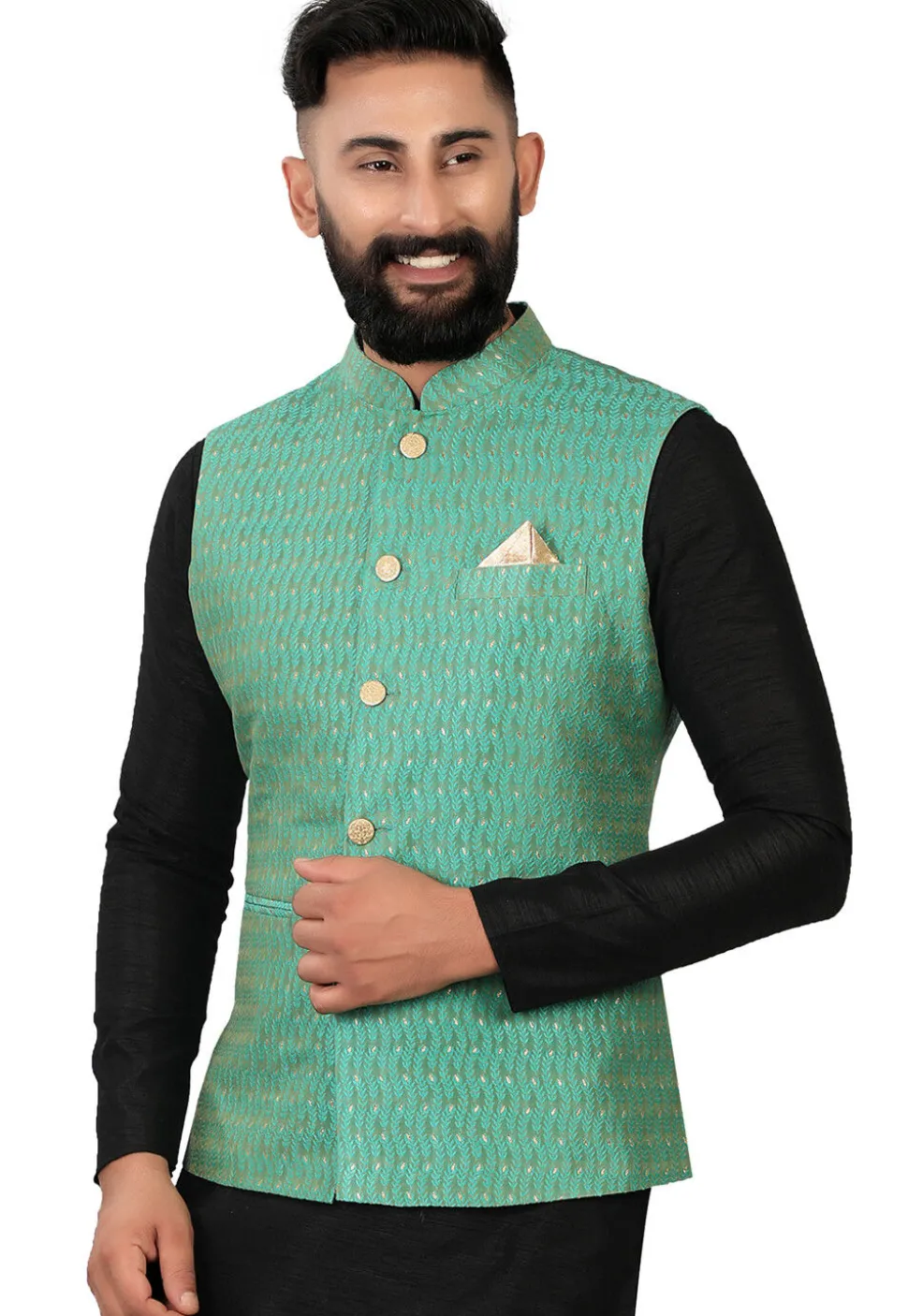 Woven Art Silk Jacquard Nehru Jacket in Green