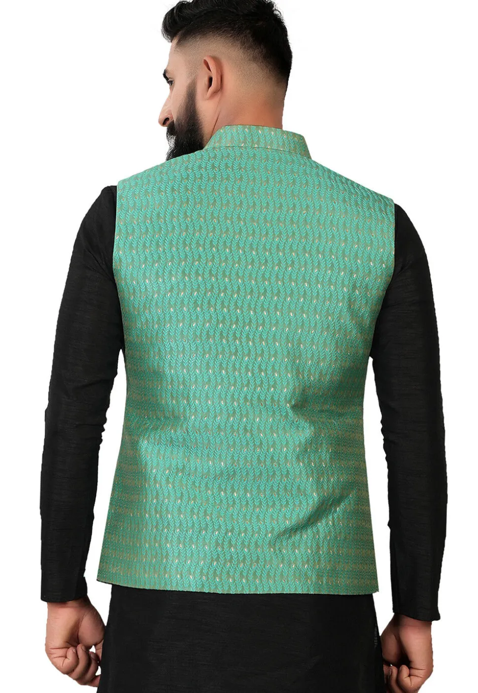 Woven Art Silk Jacquard Nehru Jacket in Green