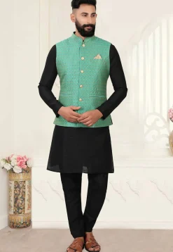 Woven Art Silk Jacquard Nehru Jacket in Green