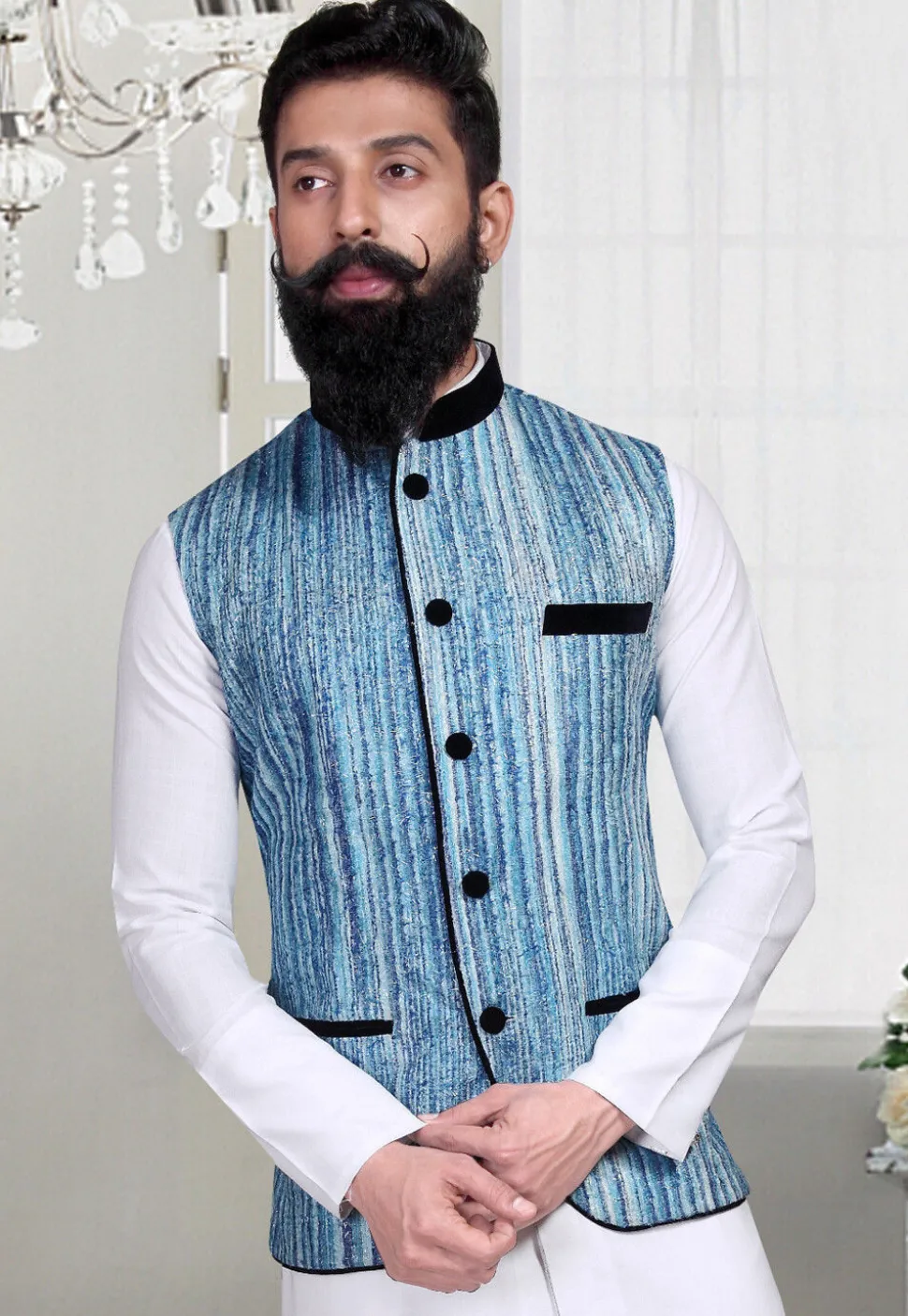 Woven Art Silk Jacquard Nehru Jacket in Blue and White