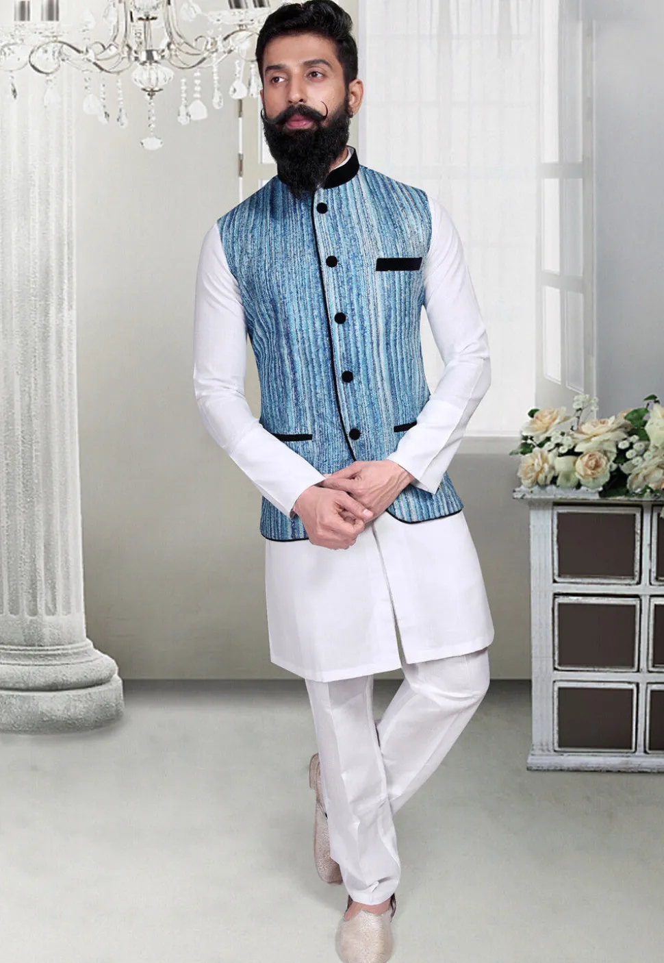Woven Art Silk Jacquard Nehru Jacket in Blue and White