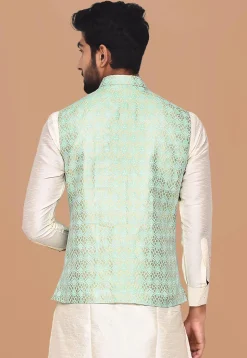 Woven Art Silk Jacquard Nehru Jacket in Sea Green