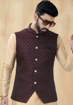 Woven Art Silk Jacquard Nehru Jacket in Maroon