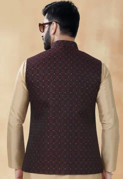 Woven Art Silk Jacquard Nehru Jacket in Maroon
