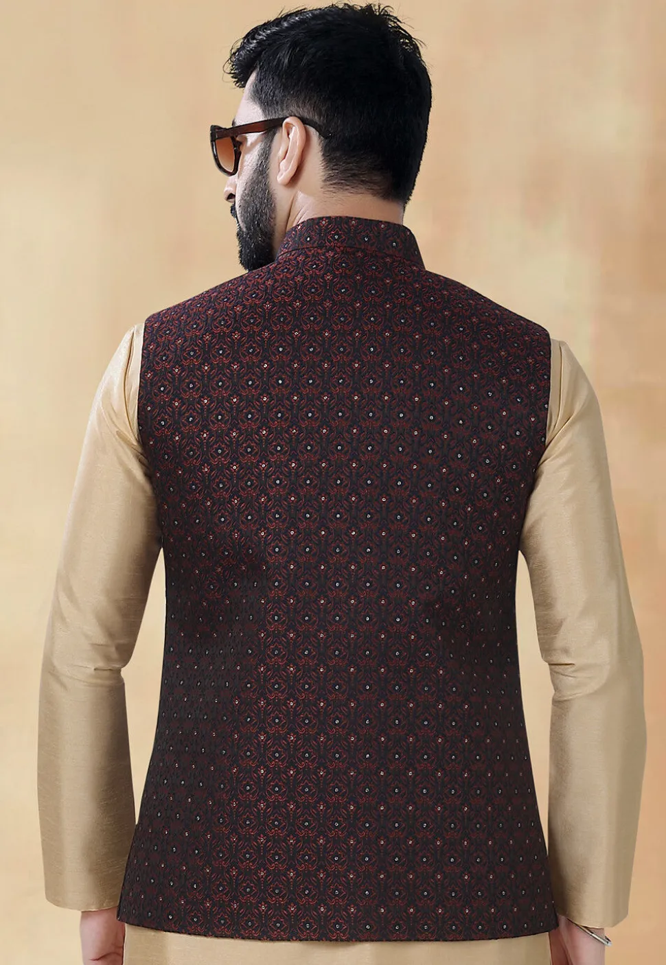 Woven Art Silk Jacquard Nehru Jacket in Maroon
