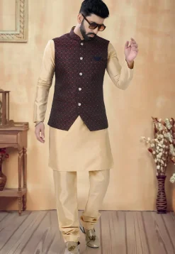 Woven Art Silk Jacquard Nehru Jacket in Maroon