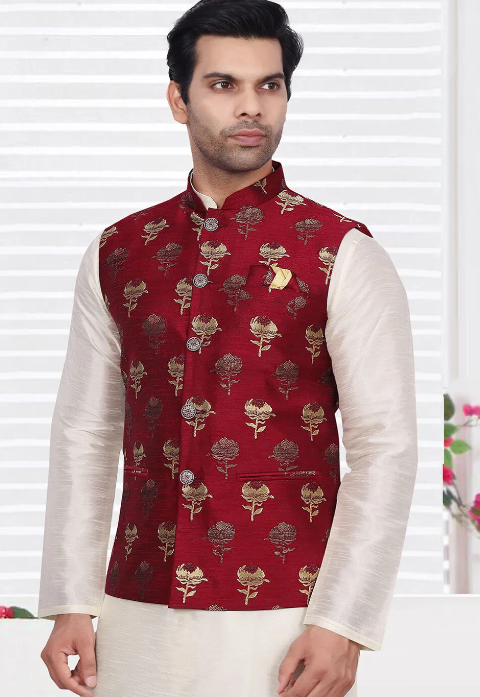 Woven Art Silk Jacquard Nehru Jacket in Maroon