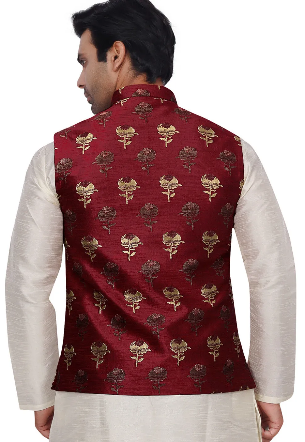 Woven Art Silk Jacquard Nehru Jacket in Maroon