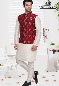 Woven Art Silk Jacquard Nehru Jacket in Maroon