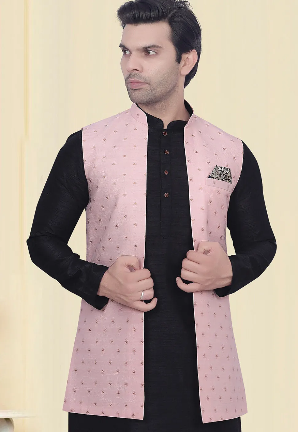 Woven Art Silk Jacquard Nehru Jacket in Pink