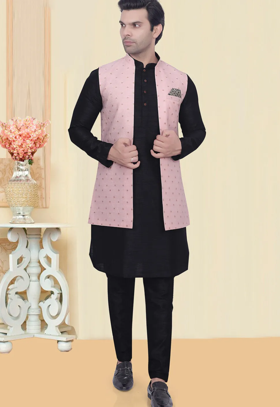 Woven Art Silk Jacquard Nehru Jacket in Pink