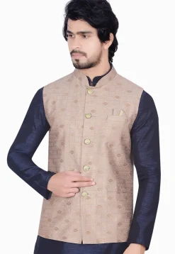 Woven Art Silk Jacquard Nehru Jacket in Beige