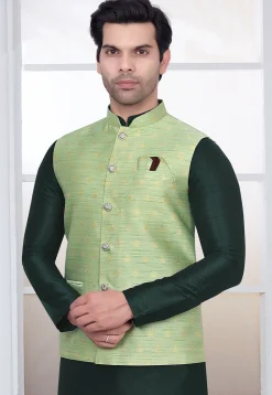 Woven Art Silk Jacquard Nehru Jacket in Light Green