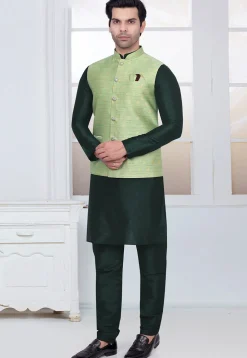 Woven Art Silk Jacquard Nehru Jacket in Light Green