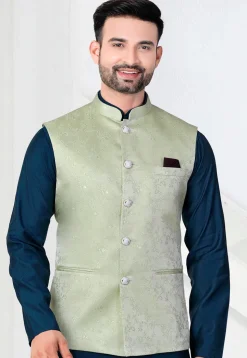 Woven Art Silk Jacquard Nehru Jacket in Pastel Green