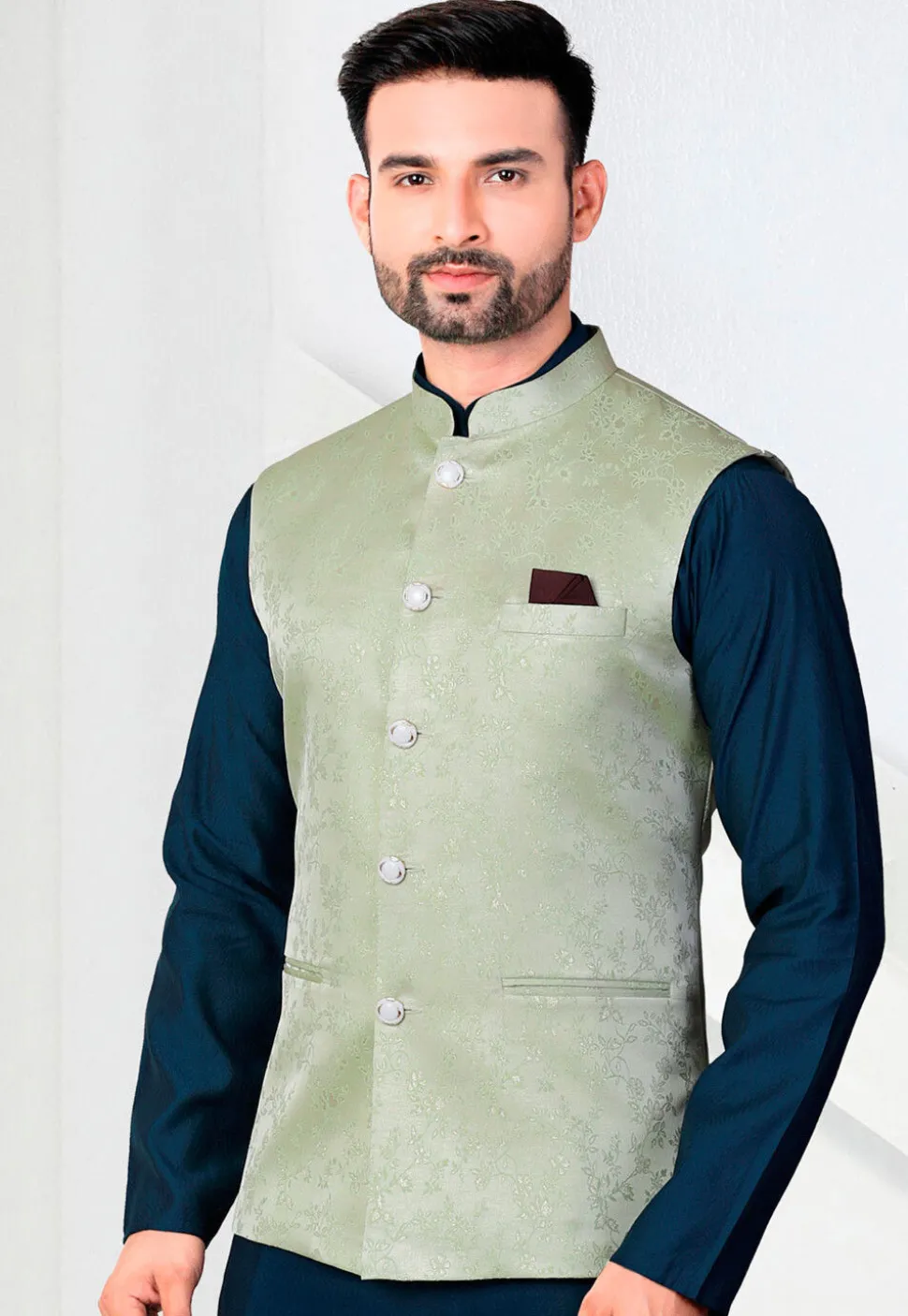 Woven Art Silk Jacquard Nehru Jacket in Pastel Green