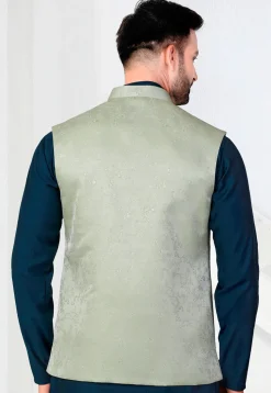 Woven Art Silk Jacquard Nehru Jacket in Pastel Green