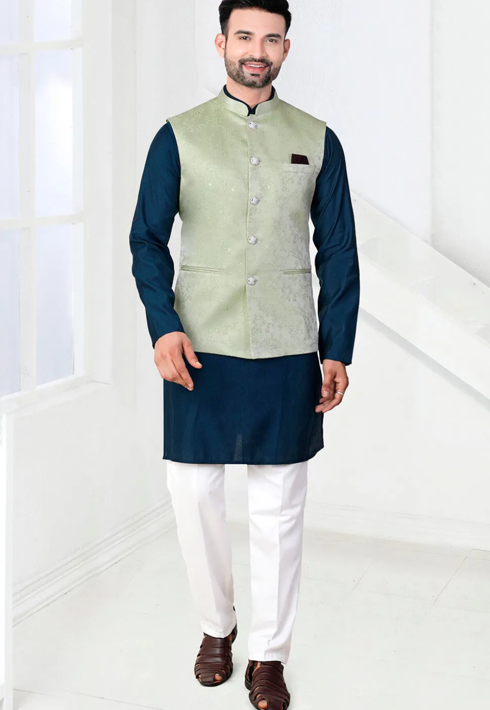 Woven Art Silk Jacquard Nehru Jacket in Pastel Green