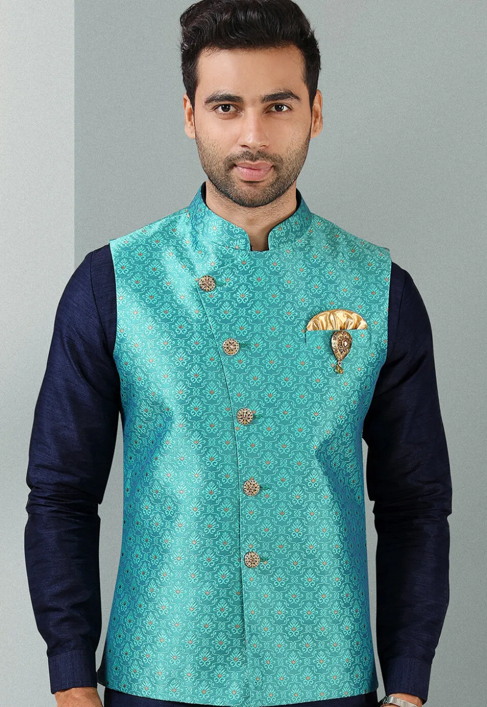 Woven Art Silk Jacquard Nehru Jacket in Light Blue