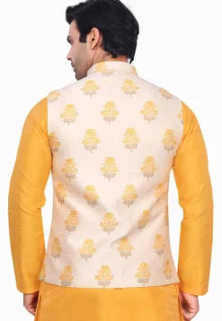 Woven Art Silk Jacquard Nehru Jacket in Light Beige