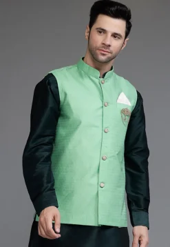 Woven Art Silk Jacquard Nehru Jacket in Teal Green