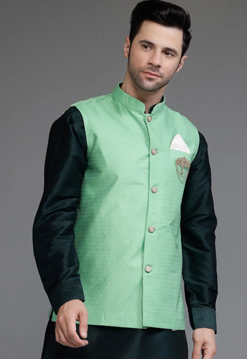 Woven Art Silk Jacquard Nehru Jacket in Teal Green
