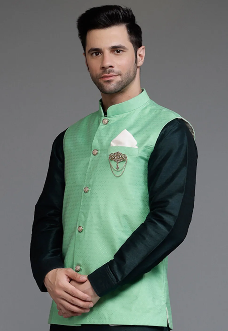 Woven Art Silk Jacquard Nehru Jacket in Teal Green