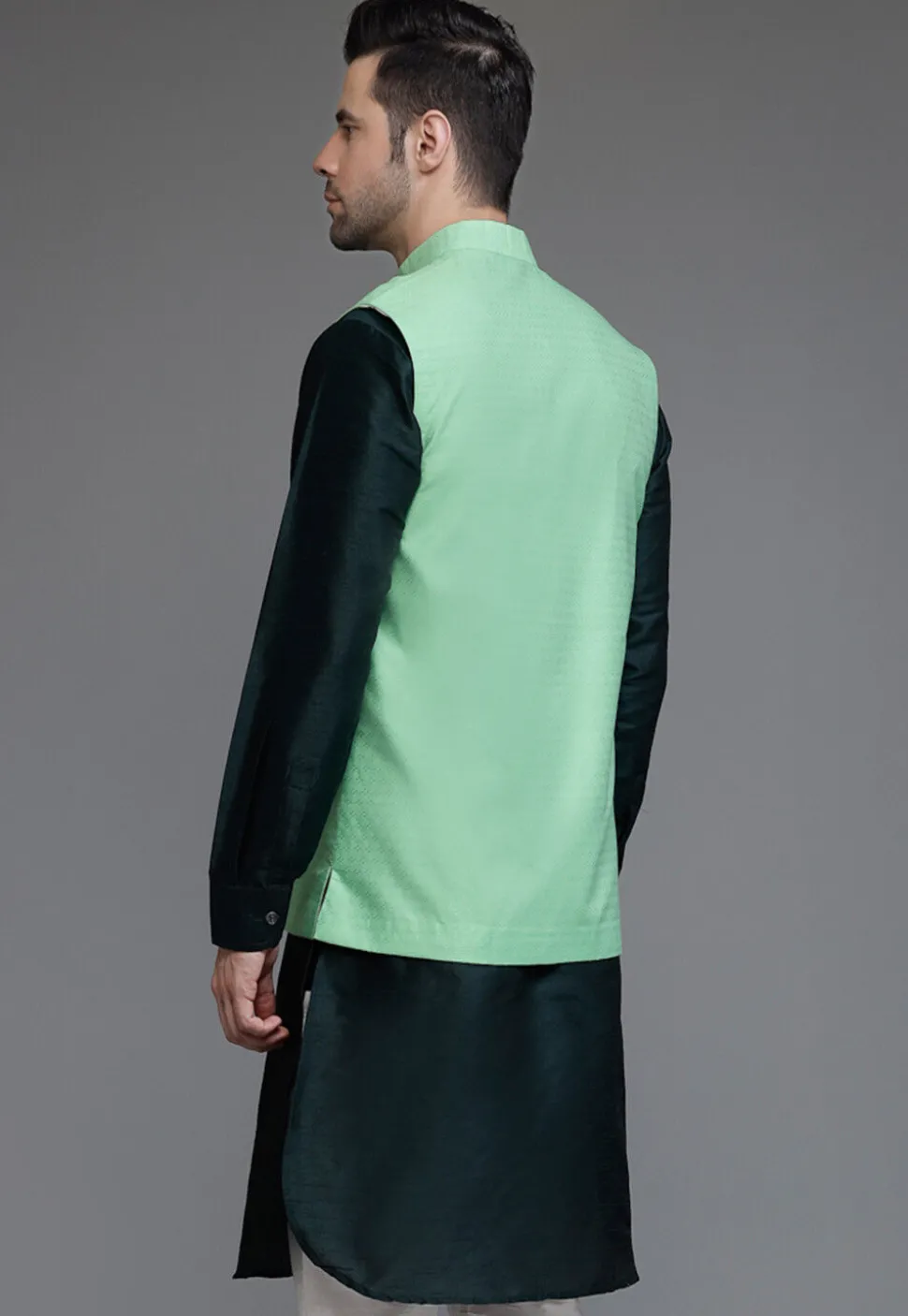 Woven Art Silk Jacquard Nehru Jacket in Teal Green