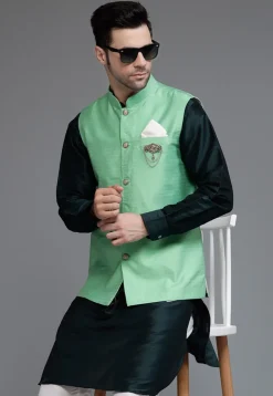 Woven Art Silk Jacquard Nehru Jacket in Teal Green
