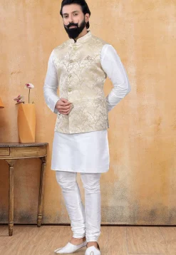 Woven Art Silk Jacquard Nehru Jacket in Cream