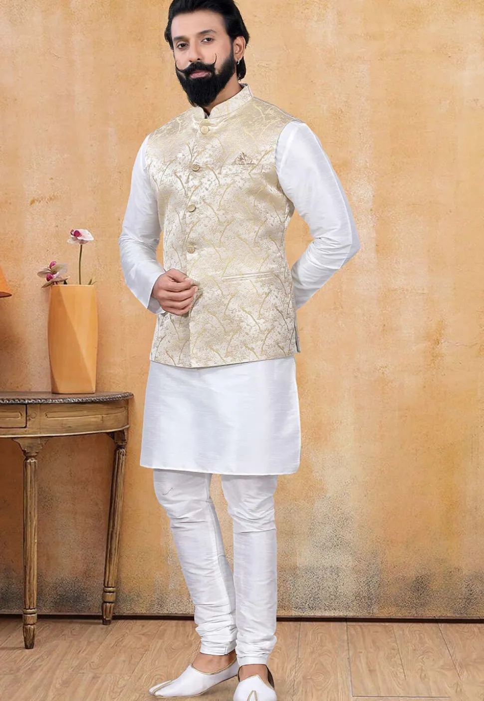 Woven Art Silk Jacquard Nehru Jacket in Cream