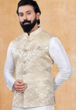Woven Art Silk Jacquard Nehru Jacket in Cream