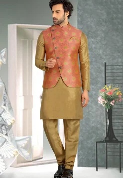 Woven Art Silk Jacquard Nehru Jacket in Peach