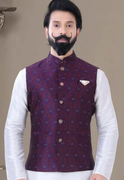 Woven Art Silk Jacquard Nehru Jacket in Purple