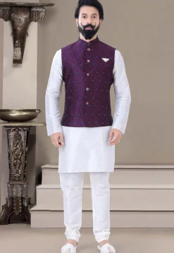 Woven Art Silk Jacquard Nehru Jacket in Purple