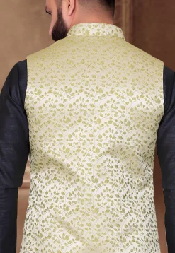Woven Art Silk Jacquard Nehru Jacket in Beige