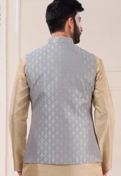 Woven Art Silk Jacquard Nehru Jacket in Grey