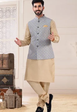 Woven Art Silk Jacquard Nehru Jacket in Grey