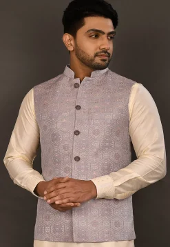 Woven Art Silk Jacquard Nehru Jacket in Grey