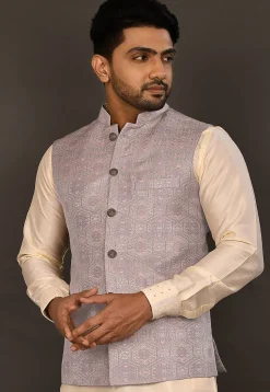 Woven Art Silk Jacquard Nehru Jacket in Grey
